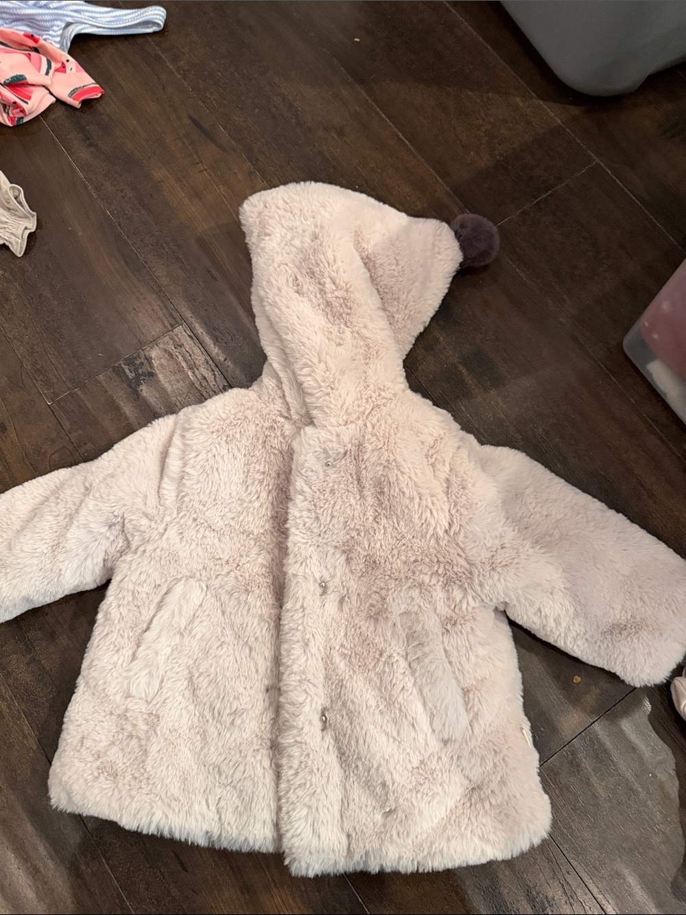 Zara Cream Plush Hooded Kids Coat with Pom Detail